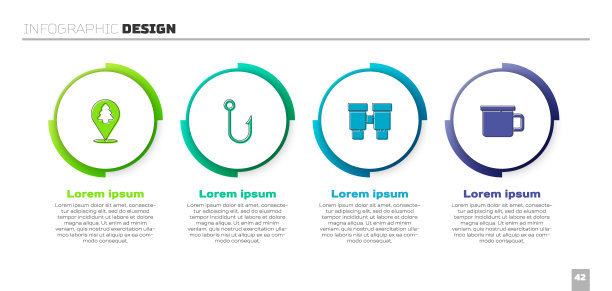 设置森林的位置，鱼钩，双筒望远镜和露营金属杯。业务信息模板。向量图片下载