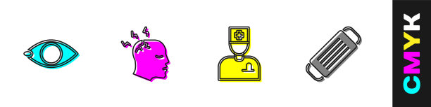 设置失明，头痛，男医生和医疗防护口罩图标。向量图片下载