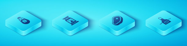 设置等距盐，烧烤煤袋，厨房围裙和牛排肉图标。向量图片下载