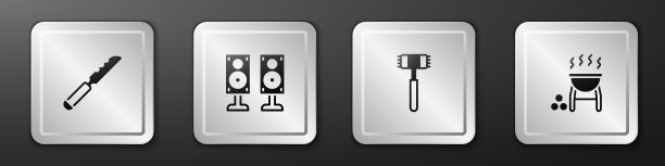 设置面包刀，立体声扬声器，厨房锤子和烧烤架图标。银色方形按钮。向量图片下载