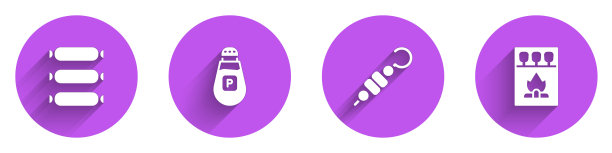 设置香肠，辣椒，烤羊肉串和火柴盒和火柴图标与长影子。向量图片下载