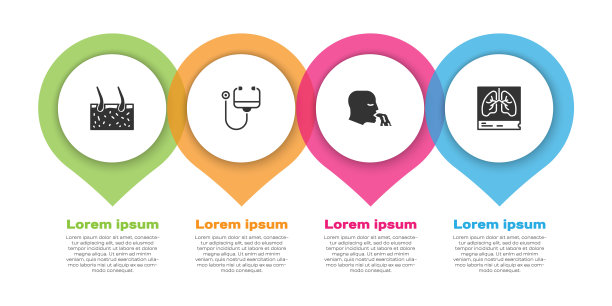 集毛发覆盖皮肤，听诊器，呕吐者及肺部x光片。业务信息模板。向量图片下载