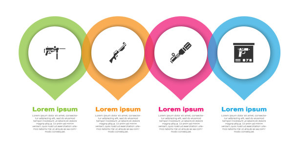 设置冲锋枪M3，狩猎，反坦克手榴弹和军事弹药箱。业务信息模板。向量图片下载
