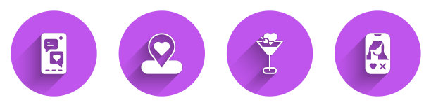 设置移动与心脏，位置，马提尼酒杯和约会应用程序在线图标与长阴影。向量图片下载