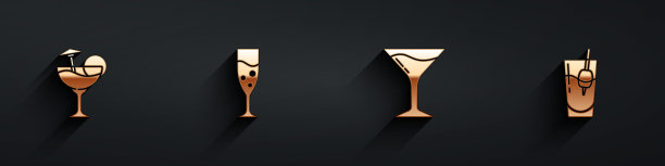 设置鸡尾酒，香槟杯，马提尼杯和血腥玛丽图标与长影子。向量图片下载
