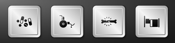 设置药物药丸或药片，轮椅，骨痛和医院病床图标。银广场按钮。向量图片下载