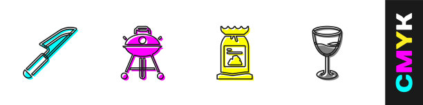 集刀，烧烤架，煤袋和酒杯图标。向量图片下载