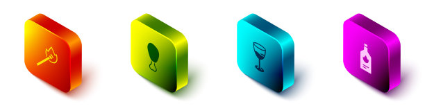 设置等距燃烧火柴与火，鸡腿，酒杯和塔巴斯科酱图标。向量图片下载