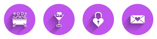 在浴室设置浪漫，马提尼酒杯，城堡的形状的心和信封与情人节图标与长影子。向量图片下载