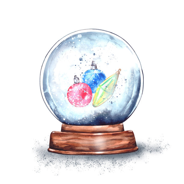 水彩画插图:神奇的圣诞玻璃雪花球放在一个木架子上，里面有玻璃球。新年的惊喜，来自圣诞老人的礼物，雪花的纪念品。孤立在白色背景上图片下载