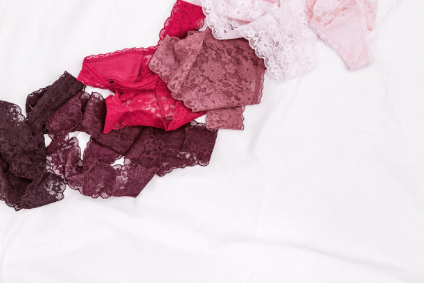 时尚的女性内衣，不同的女性花边内裤上的白色床单。美丽的集合选择。从上面看与复制空间。图片下载