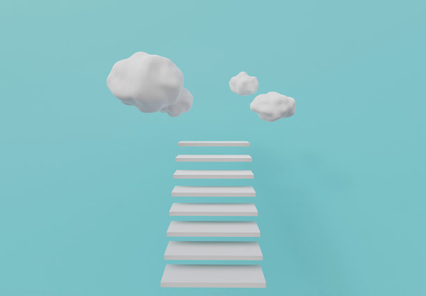 白色楼梯台阶和云，楼梯到天堂，3d渲染图片下载
