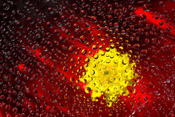 红色球体位于红色镜面冰的背景与黄花的剪影。抽象的幻想。图片下载