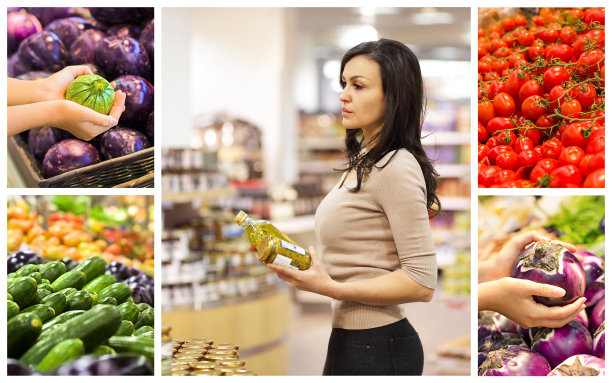 用女人和超市里选菜的女人的手拼贴。健康食品的概念，生物，素食，饮食图片下载