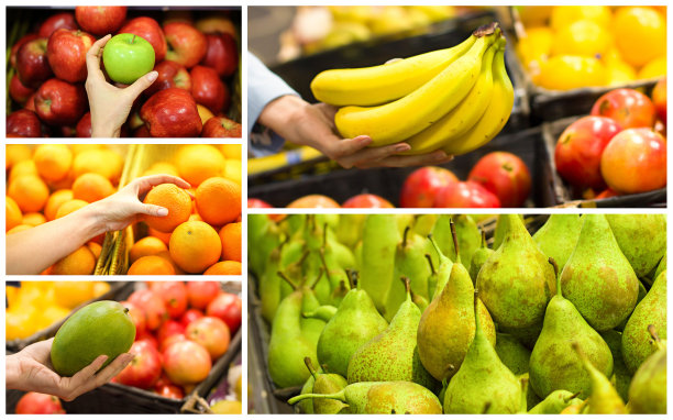 用选择水果的女性手拼贴。健康食品的概念，生物，素食，有机，饮食图片下载