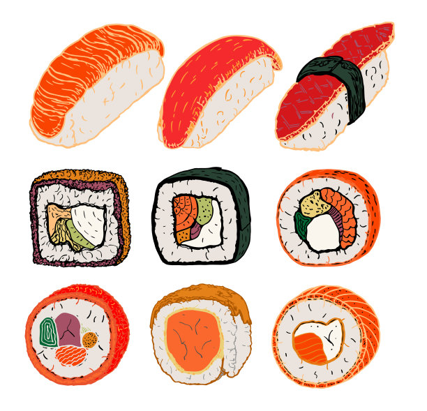 寿司卷扁平食品和日本海鲜寿司图片下载
