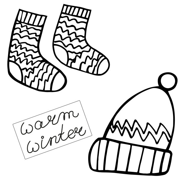 温暖的冬天袜子和帽子-黑白孤立元素的白色背景。矢量插图。图片下载