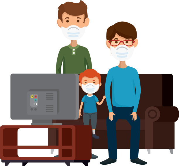 带着孩子戴口罩看电视的父亲图片下载