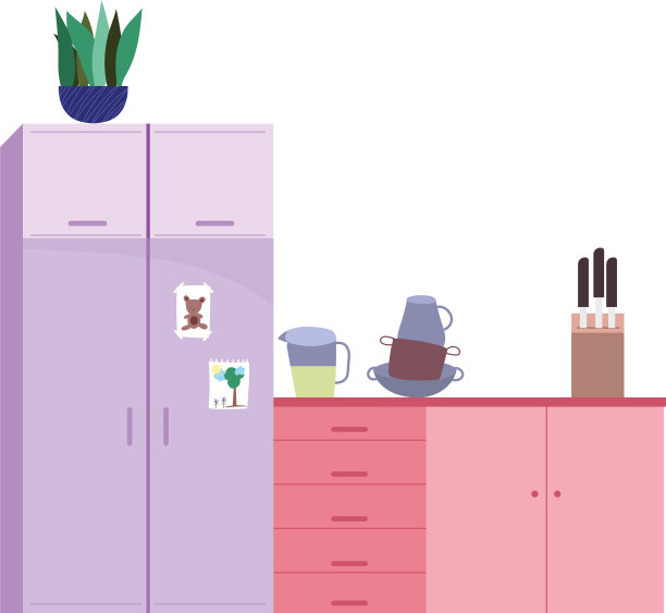 厨房内部，餐具，冰箱，橱柜，刀具图片下载