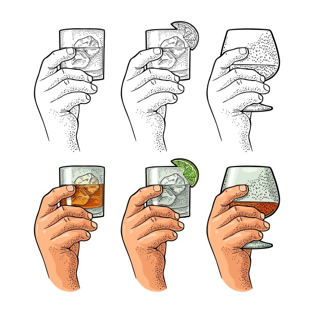 男手捧白兰地、金酒、威士忌酒杯。复古色矢量雕刻图片下载