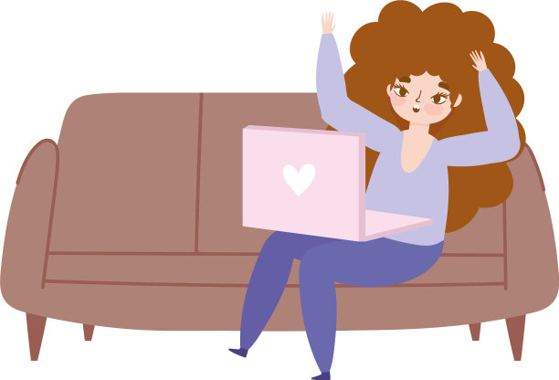 远程工作的年轻女子与笔记本电脑在沙发上图片下载