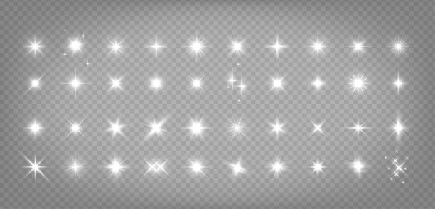 矢量集明亮不同的白色火花发光图标。收集星爆光效果符号。透明背景上的魔术闪闪发光的设计。粒子耀斑发光效果。矢量插图。图片下载