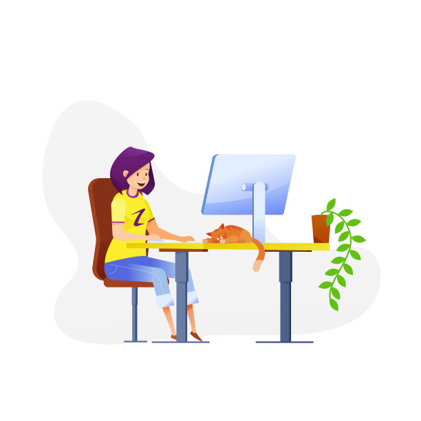 女平自由职业者女孩与猫图片下载