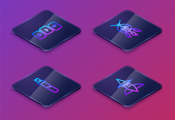 设置等长线扑克牌，装有爱情药水的瓶子，捕梦网羽毛和巫师术士。蓝色方框按钮。向量图片下载