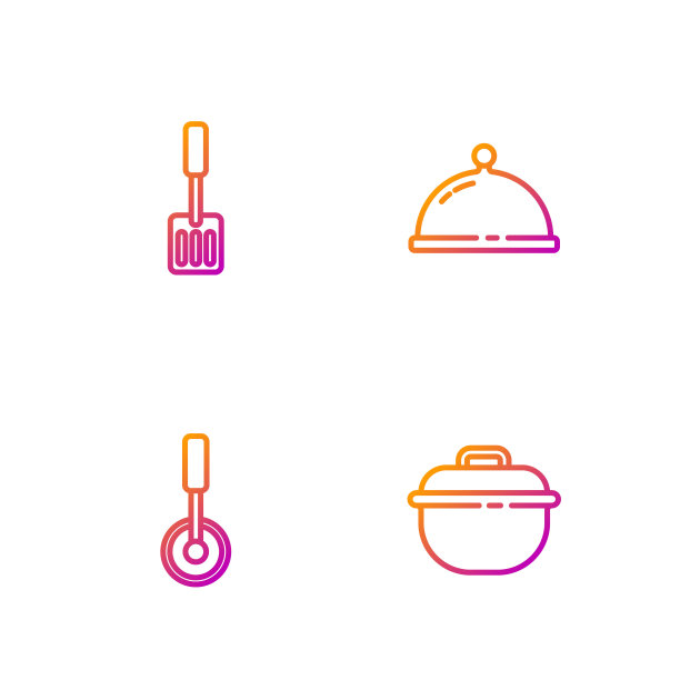 摆好煮锅、披萨刀、抹刀，盖好盛食物的托盘。渐变颜色图标。向量图片下载