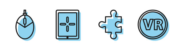 设定线拼图，电脑鼠标游戏，平板电脑和虚拟现实眼镜图标。向量图片下载