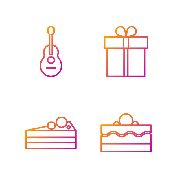 订线蛋糕，蛋糕，吉他和礼盒。渐变颜色图标。向量图片下载