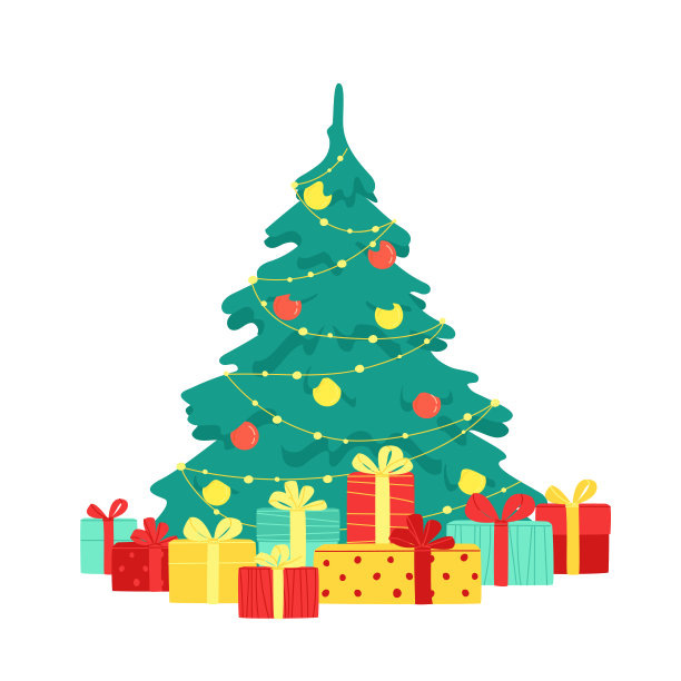 用球和花环装饰的圣诞树。有很多底部有丝带的礼品盒。圣诞和新年贺卡，横幅，邀请，明信片。孤立的矢量图图片下载