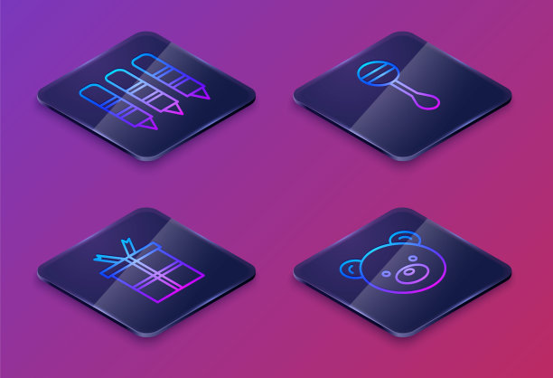 套等距线蜡笔绘画，礼品盒，摇铃婴儿玩具和泰迪熊毛绒玩具。蓝色方块按钮。向量图片下载