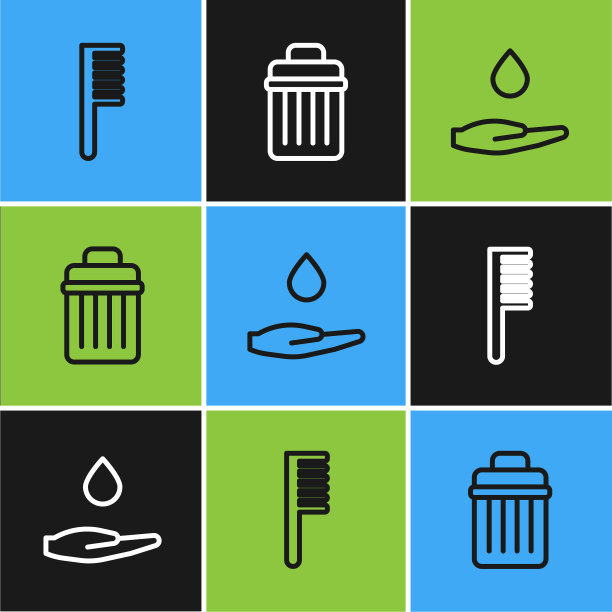 设梳刷，洗手用肥皂和垃圾桶图标。向量图片下载