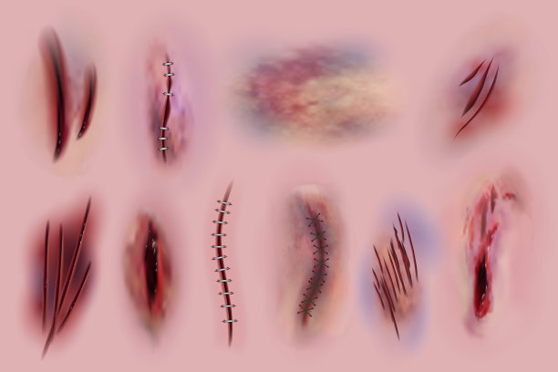 血淋淋的伤口。疤痕，外科缝针，淤青，皮肤割伤。血腥伤口纹理矢量隔离集图片下载