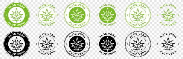 天然有机产品包装芦荟绿叶标签。芦荟叶圆图标标志为化妆品或润肤霜和护肤乳液包装设计模板。矢量插图。图片下载