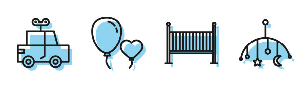 系列产品包括婴儿床、玩具车、心形气球、婴儿床悬挂玩具等。向量图片下载