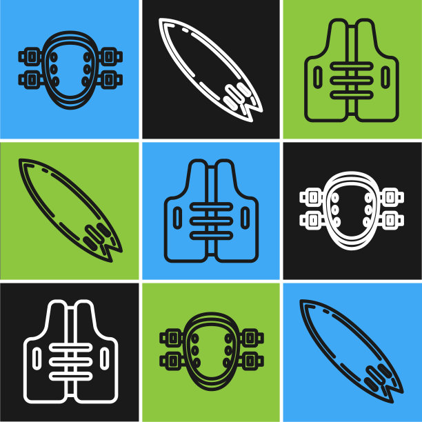 设置线护膝，救生衣和冲浪板图标。向量图片下载