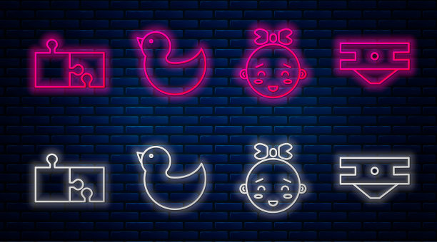 设线橡皮鸭，快乐小女孩头，拼图块和婴儿吸水尿布。砖墙上发光的霓虹灯图标。向量图片下载