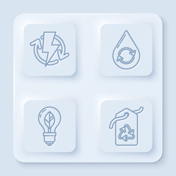 设有充电线，可回收清洁水，带叶子的灯泡和带回收标志的标签。白色正方形按钮。向量图片下载