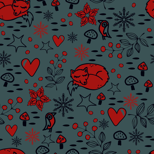 无缝矢量模式与睡狐狸在蓝色背景。简单的圣诞壁纸设计。冬季森林时尚纺织品。图片下载
