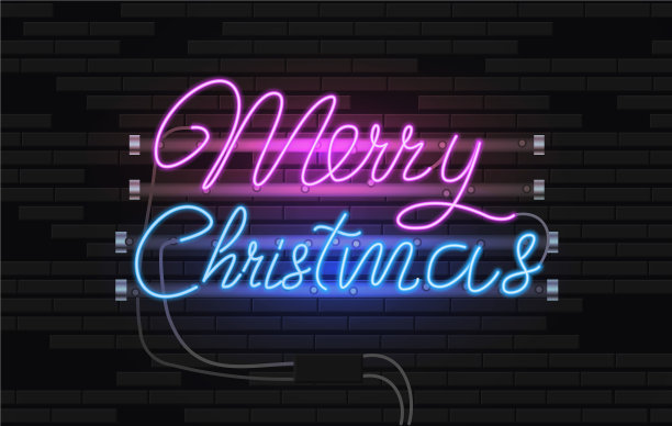 圣诞快乐彩色的蓝色粉色霓虹灯标志使它快速，方便地定制您的节日项目。使用霓虹灯矢量刷子包括在内。图片下载