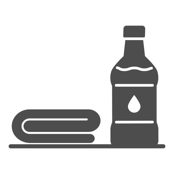 毛巾和瓶子与水固体图标，健身房的概念，白色背景上的运动设备标志，毛巾和水的健身图标在字形风格的移动，网页设计。矢量图形。图片下载