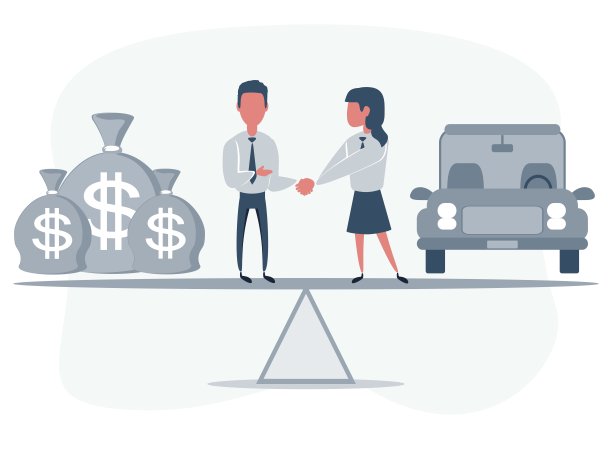 买一辆车。商业伙伴握手，象征团结。人们站在跷跷板上图片下载