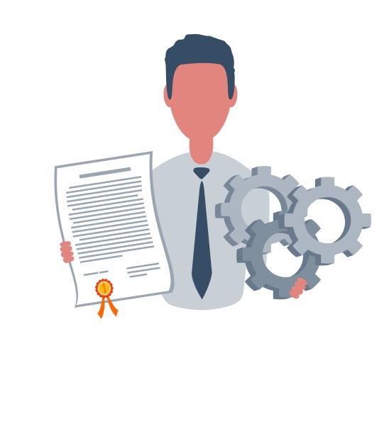 持有优胜者证书和齿轮的商人或职员。男性人物风格简洁，平面插图。经营理念。在白色背景上隔离图片下载