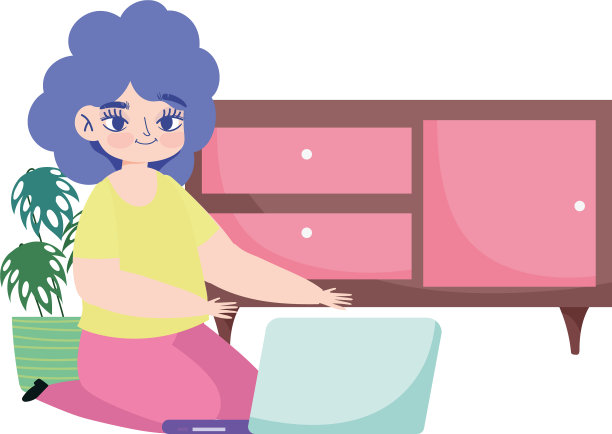 远程工作的年轻女人在地板上用笔记本电脑图片下载