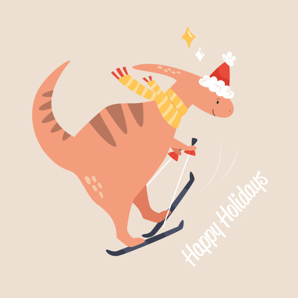 有趣的平面插图与恐龙去滑雪。可爱的卡通印刷或节日贺卡。圣诞节的气氛图片下载