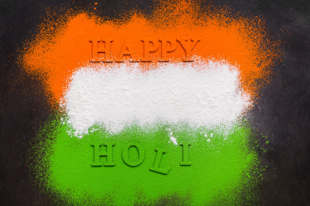 彩色胡里粉制成的印度国旗。抽象背景，胡里节快乐。前视图。图片下载