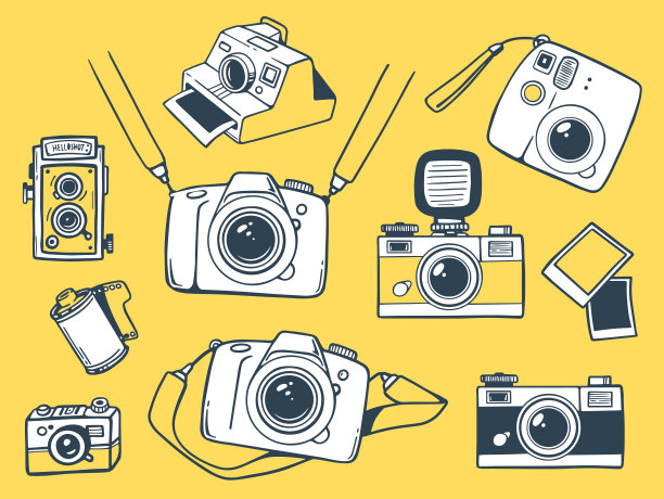 不同类型的复古和现代的照片相机在黄色背景上的矢量插图集。图片下载