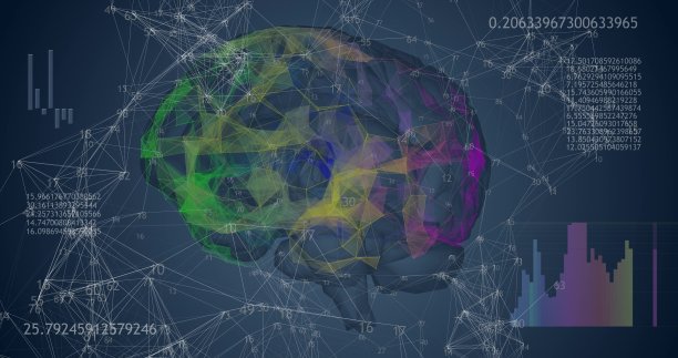 旋转360低多边形的大脑3D模型在蓝色背景与动画数字和图表。4 k的动画图片下载